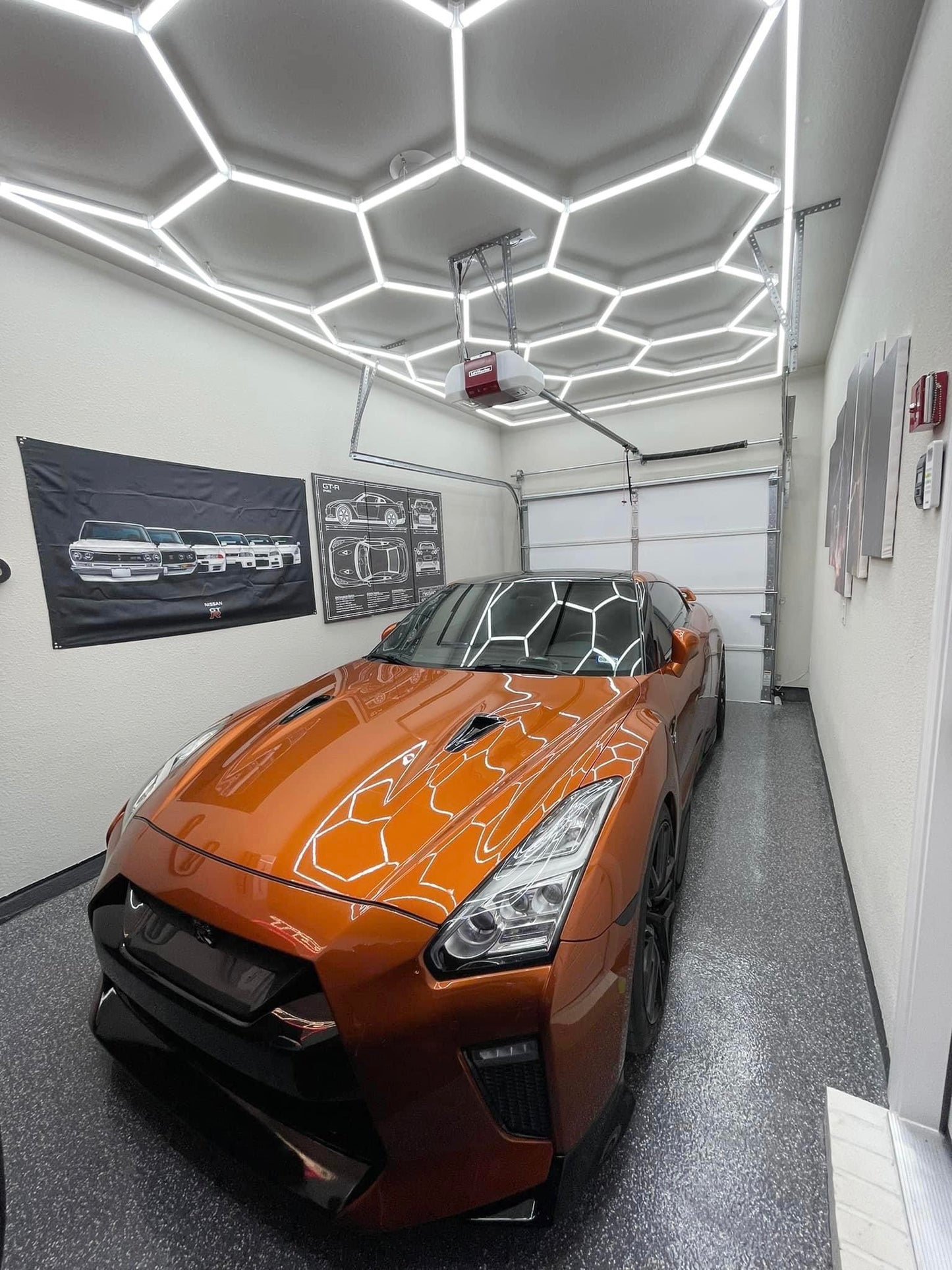 Hexagon lighting kit in single car garage