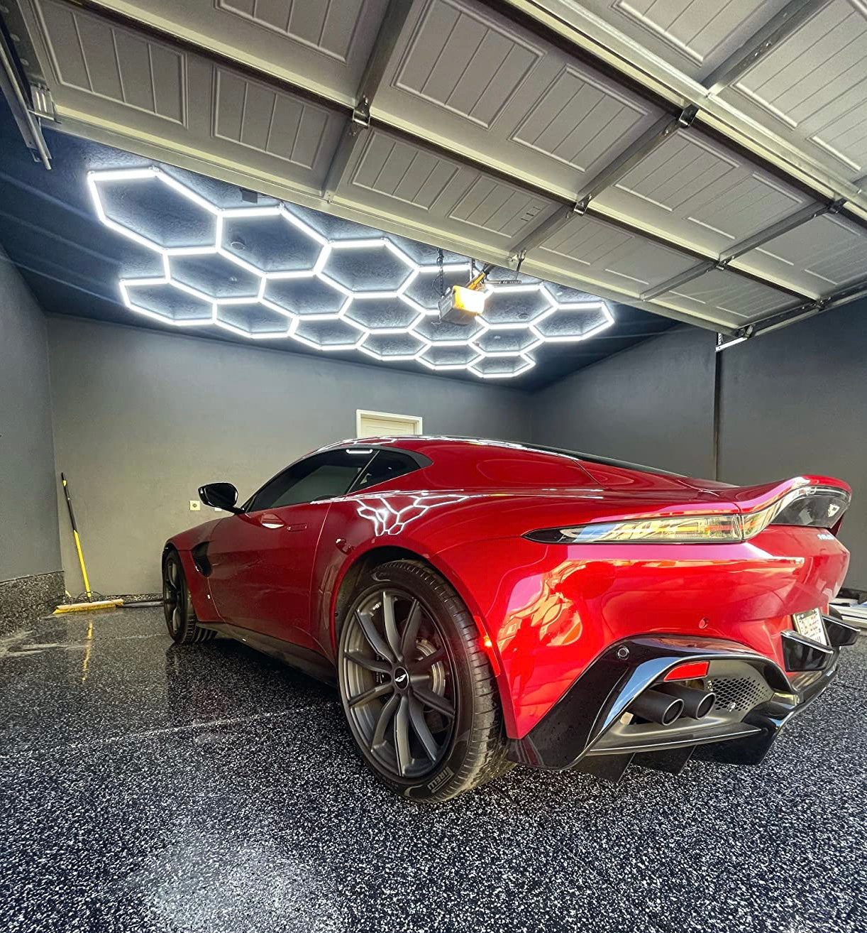Hexagon LED lighting installed in garage