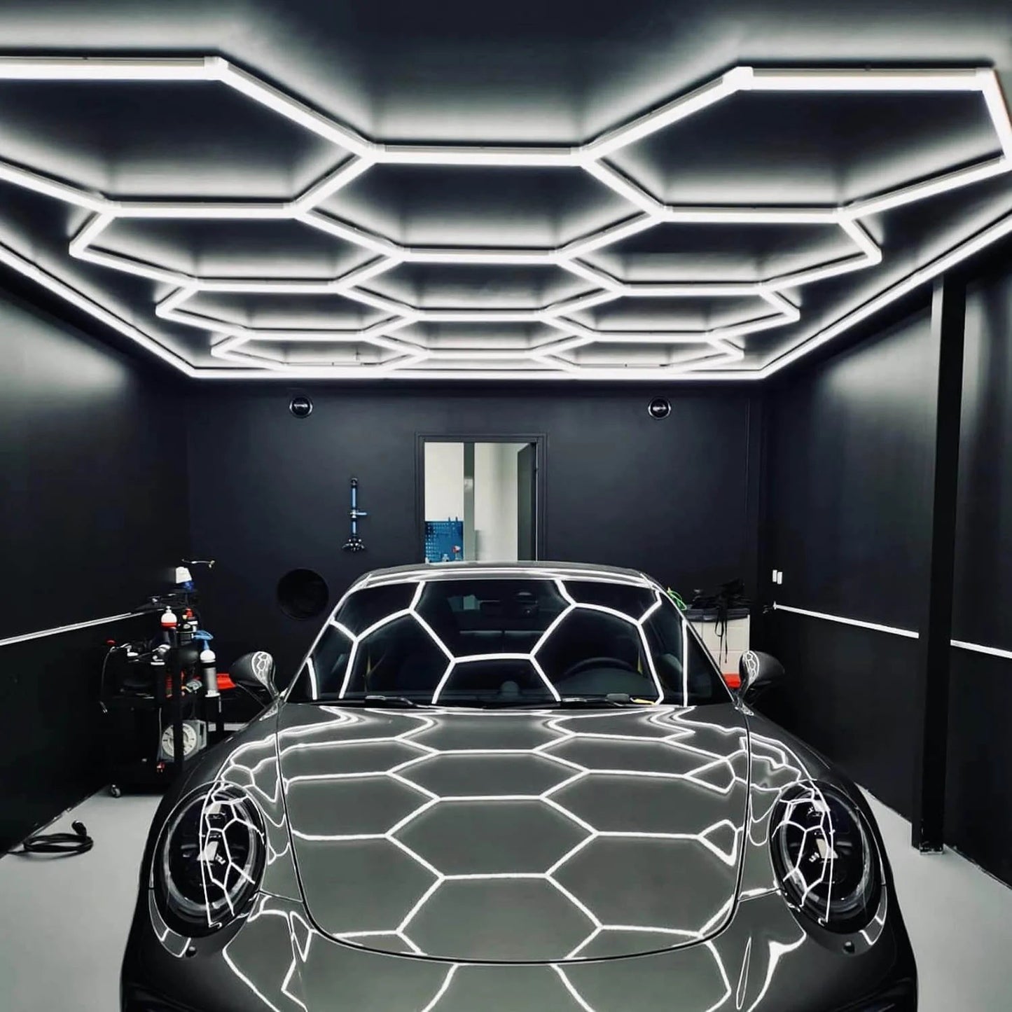 Hexagon lighting in a single car garage