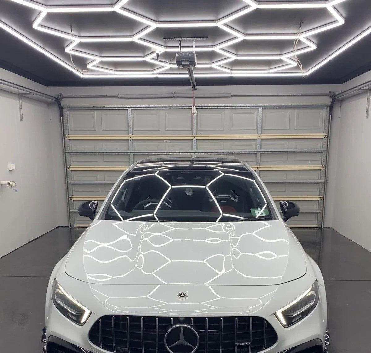 Hexagon lighting kit installed in garage