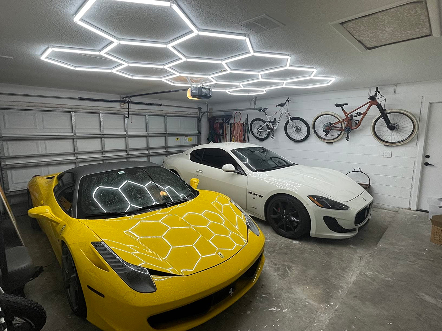 Hexagon LED lights in 2 car garage