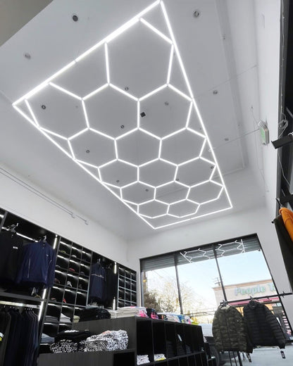 Hexagon lighting kit suspended in storefront