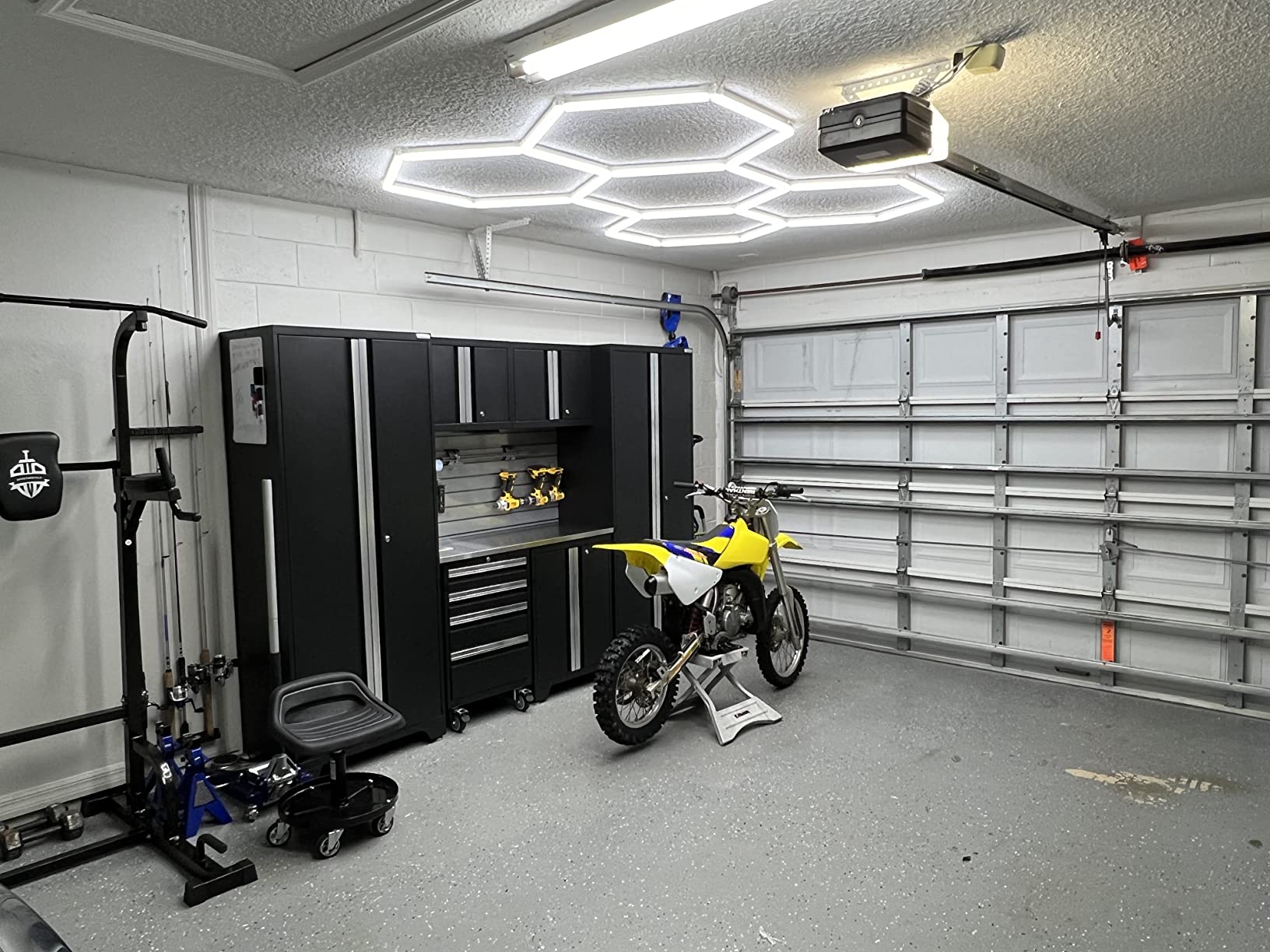 Small LED hexagon lighting kit in garage workshop