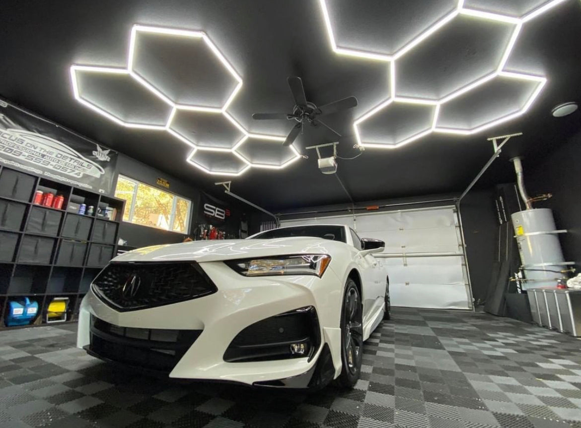 2 car garage with small hexagon lighting kits