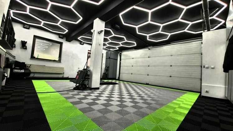 Custom garage with multiple hexagon lighting kits