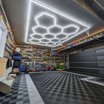 Hexagon lighting kit installed on garage ceiling