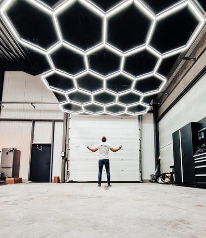 Large hexagon lighting in auto garage