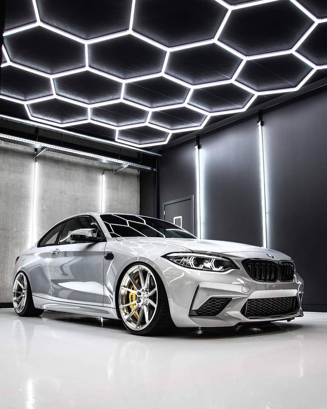 Hexagon LED lighting in luxury auto detailing garage